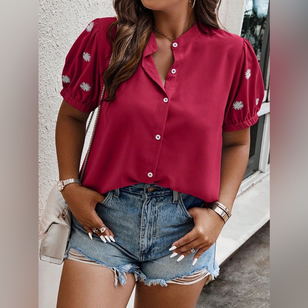 SHEIN Red Button-Up Blouse with Floral Accents